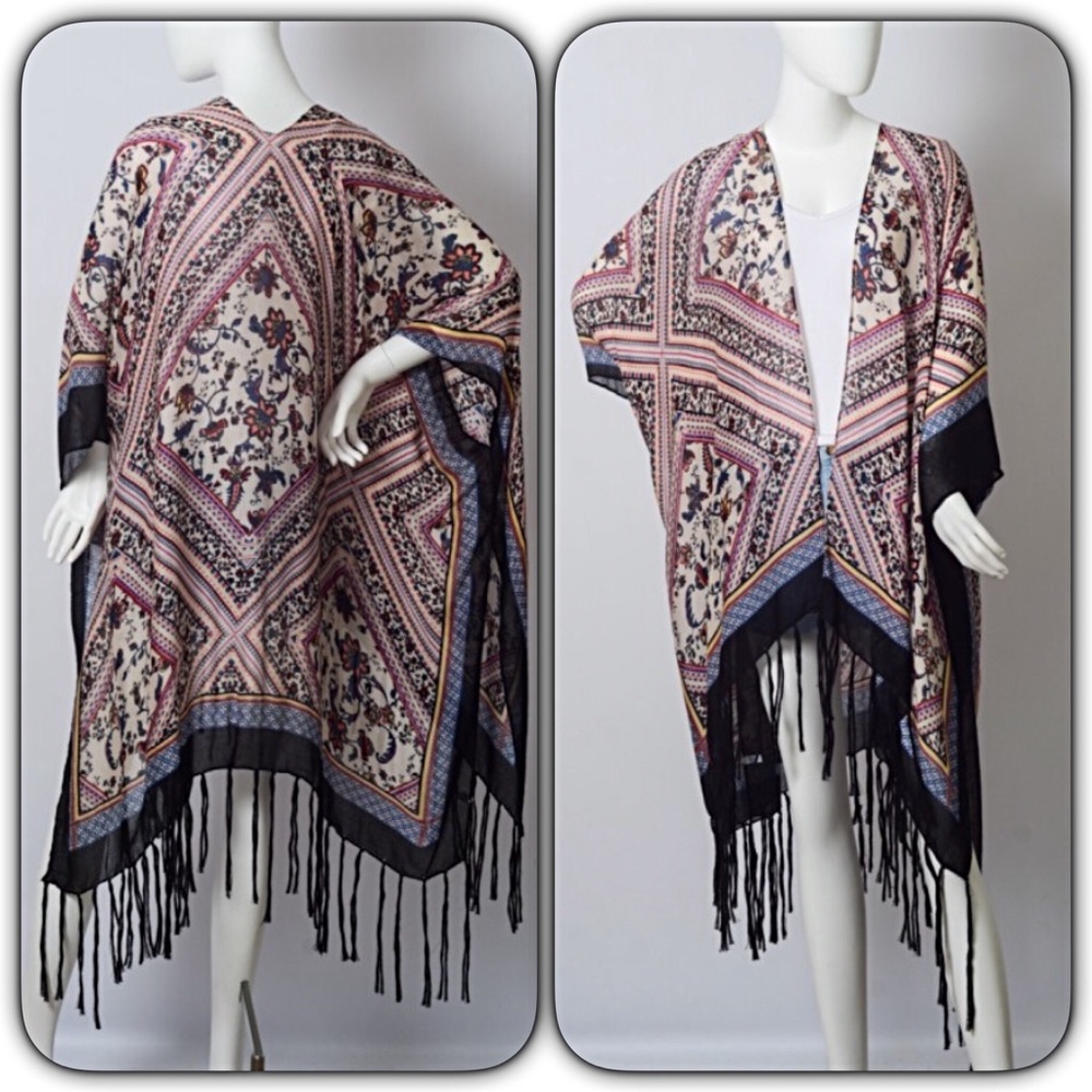 Boho Gypsy Festival Kimono Wrap Beach Coverup Armholes Tassel One Size 0-18 - Picture 6 of 7